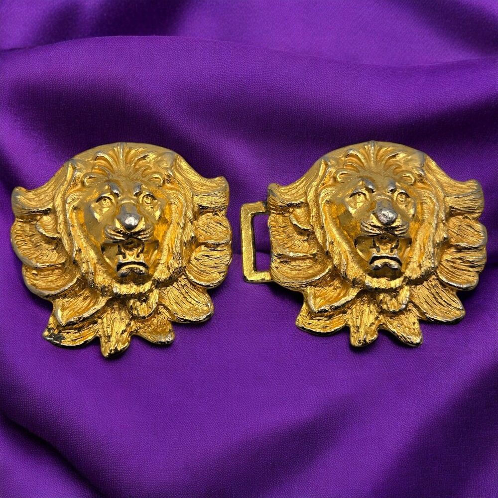 Retro Gold Tone 2-Piece Roaring Lion Head Metal Belt Buckle Vintage Collectable